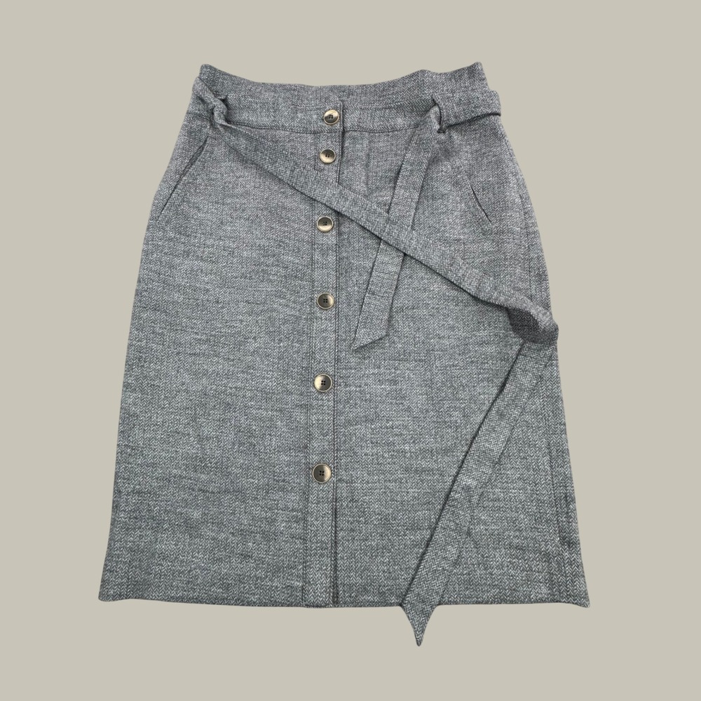 J.McLaughlin Grey Herringbone Wool Blend Button Front A-Line Skirt 10 Belted